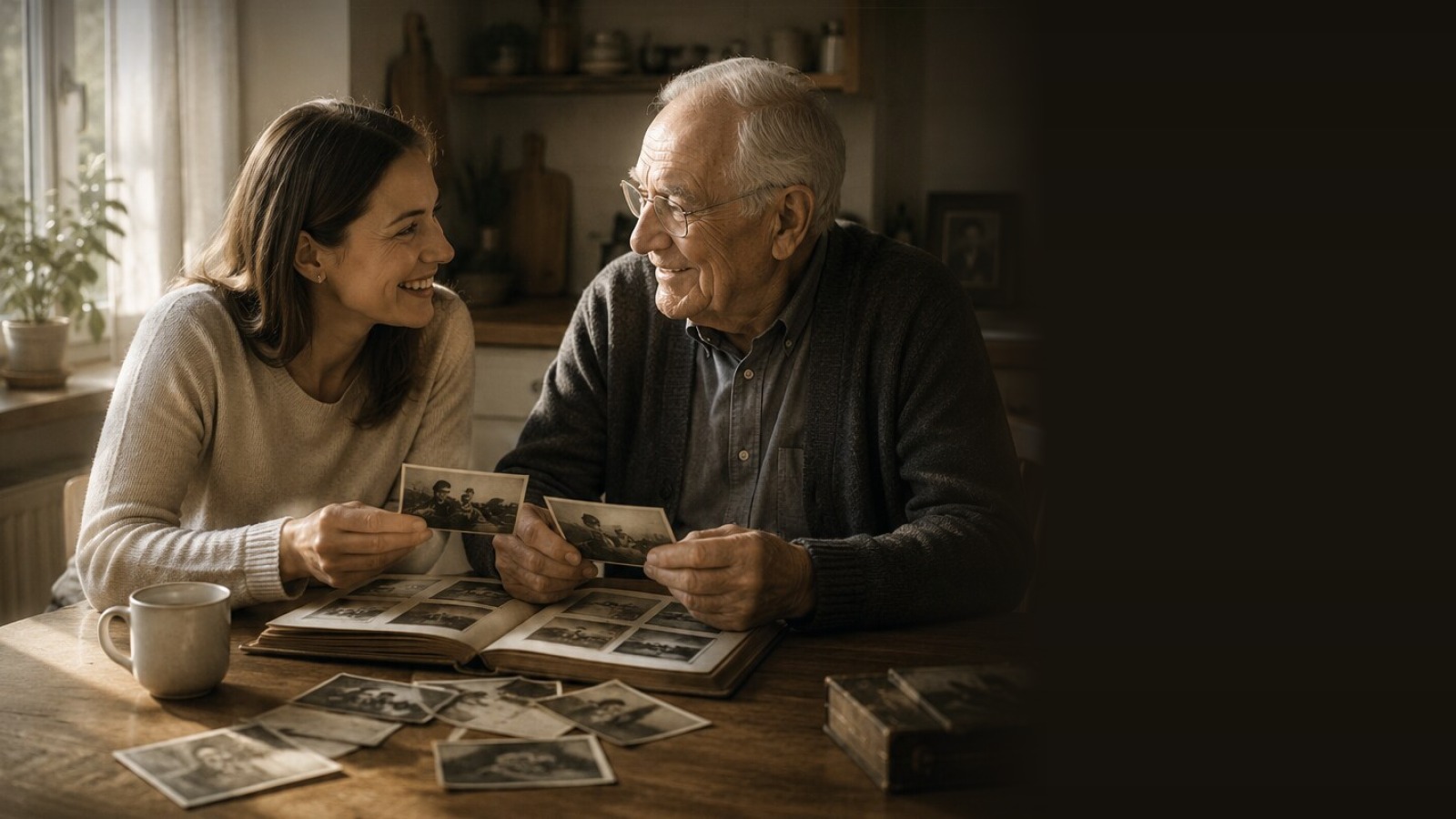 Eine Frau und ein älterer Mann betrachten gemeinsam persönliche Fotografien.